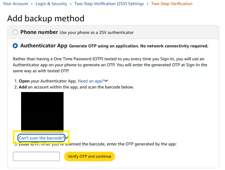 Amazon authenticator app setup with the Cannot scan the barcode option