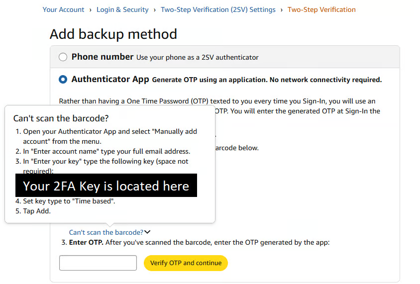 Amazon secret key location with the example key concealed