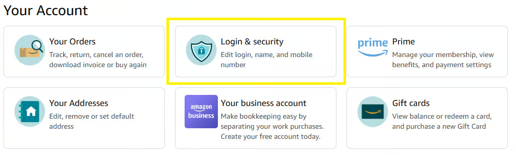 Amazon Your Account page with Login and security highlighted