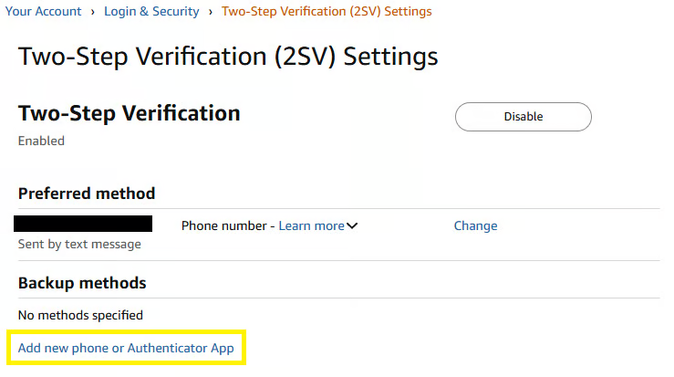 Amazon Two-Step Verification settings showing the option to add an authenticator app